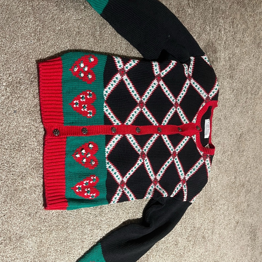 vintage Karen Scott Diamond Pattern Heart Button Up Christmas Cardigan Small